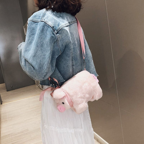 Fluffy Pink Pig Cute Soft Plush Girls Shoulder Bag - OZN Shopping