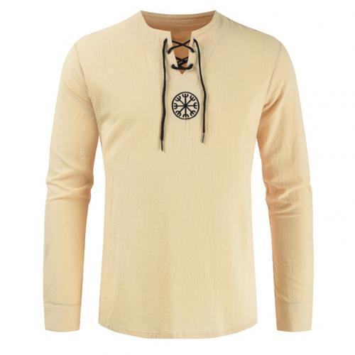 Men Shirt Top Ancient Viking Embroidery Lace Up V Neck Long Sleeve Shirt Top For Men's Clothing - OZN Shopping