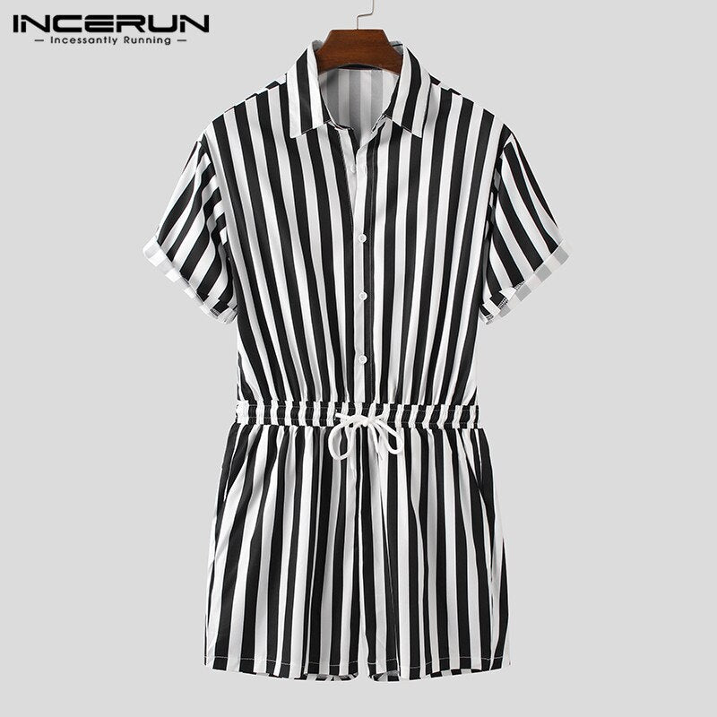 Fashion Men Striped Rompers Short Sleeve Button Shorts Lapel Jumpsuit Drawstring Streetwear 2020 Casual Playsuit Hombre INCERUN - OZN Shopping