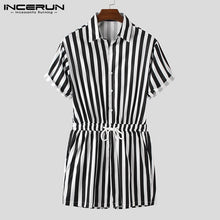 Load image into Gallery viewer, Fashion Men Striped Rompers Short Sleeve Button Shorts Lapel Jumpsuit Drawstring Streetwear 2020 Casual Playsuit Hombre INCERUN - OZN Shopping
