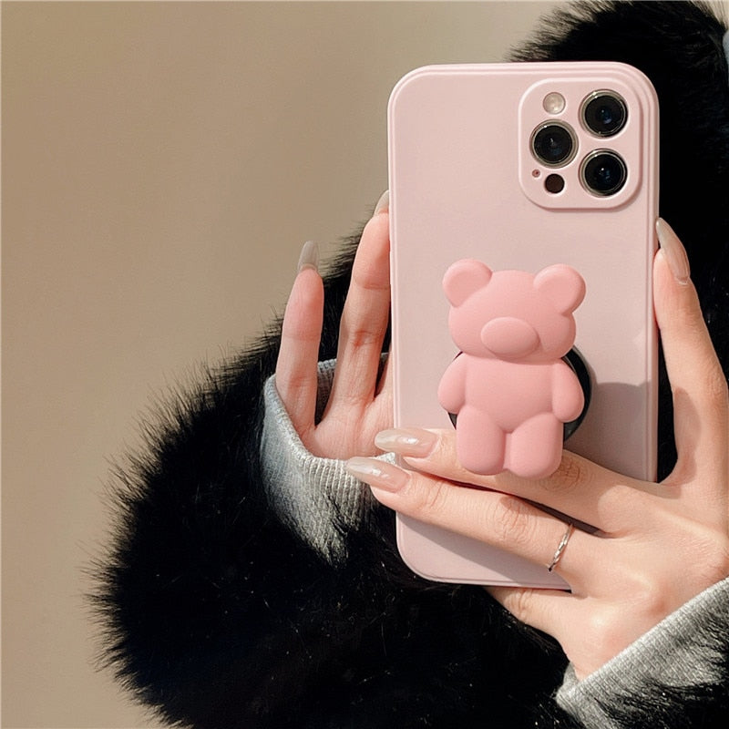 3D Cartoon Bear Bracket Ring Holder Stand Cute Soft Phone Case for iphone 13 11 12 Pro Max X XR XS 7 8 plus MiNi SE 2020 Cover