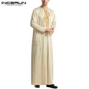 Men Loose Patchwork Muslim Kaftan Robes Islamic Clothing Vintage Long Robes Leisure Long Sleeve Stand Collar Jubba Thobe INCERUN - OZN Shopping