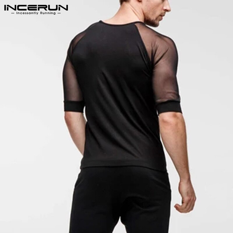 Summer Mesh Patchwork Men T Shirt Short Sleeve Slim O Neck Party Sexy Breathable Nightclub T-shirts Casual Tee Tops INCERUN - OZN Shopping