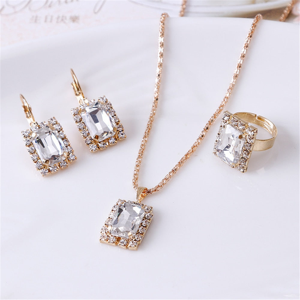 Exquisite Double Heart Necklace Earrings Bracelet Jewelry Set