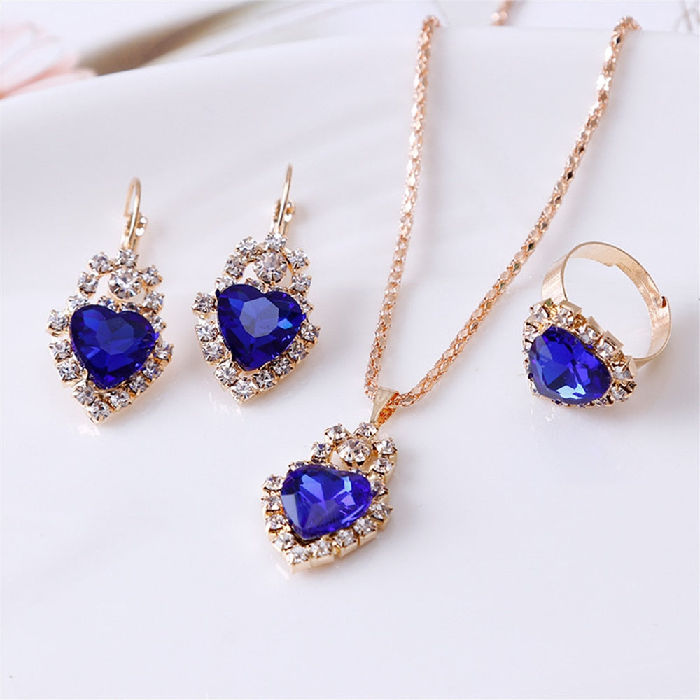 Exquisite Double Heart Necklace Earrings Bracelet Jewelry Set