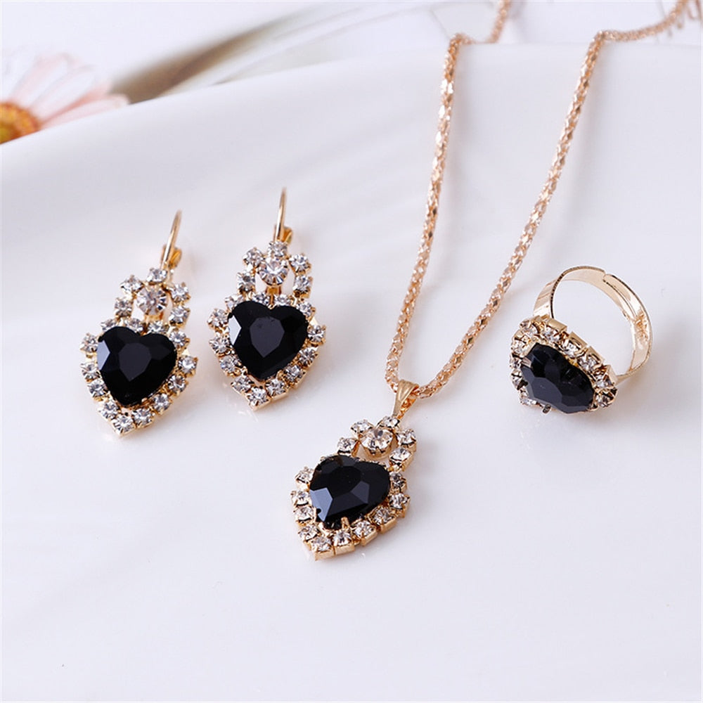 Exquisite Double Heart Necklace Earrings Bracelet Jewelry Set