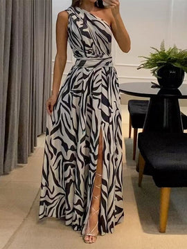 Women Fashion One Shoulder Sleeveless Slit Backless  Party Dress