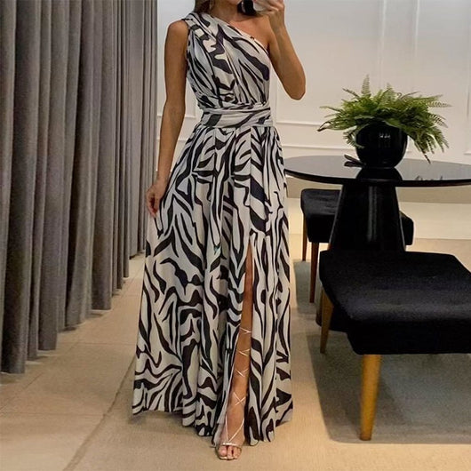 Women Fashion One Shoulder Sleeveless Slit Backless  Party Dress