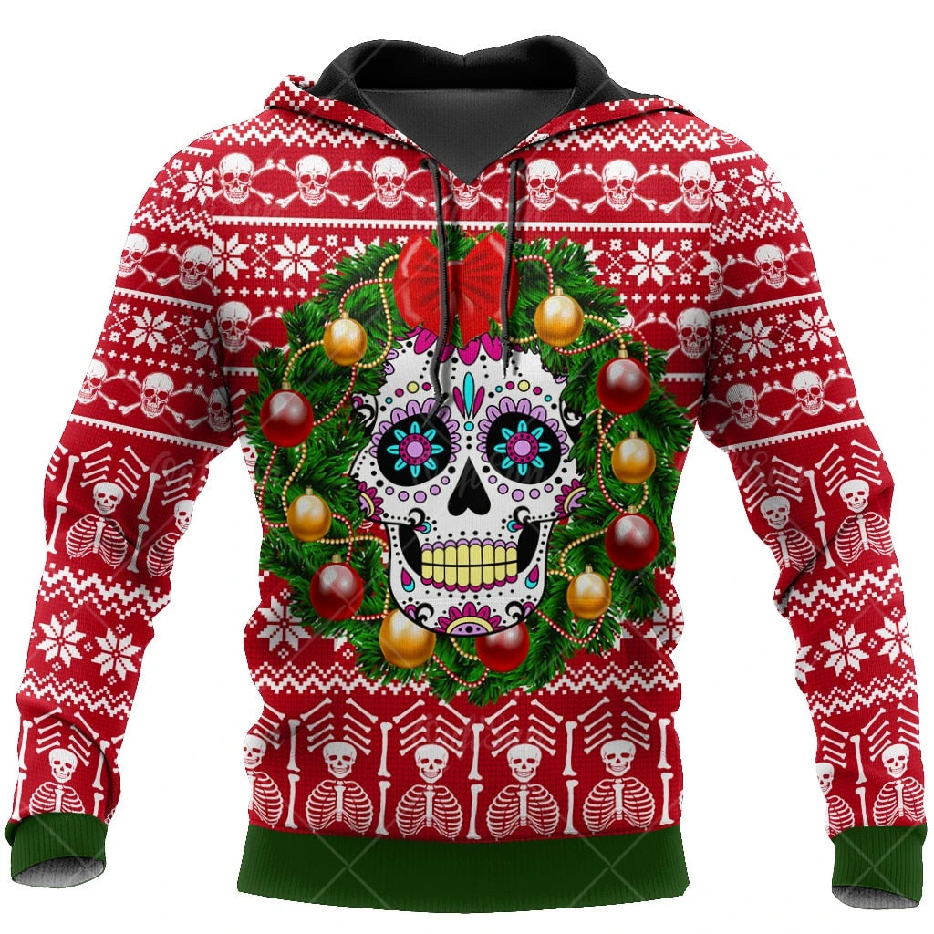 Christmas Skull Print Hooded Sweatshirts Fashion Jacket Pullover