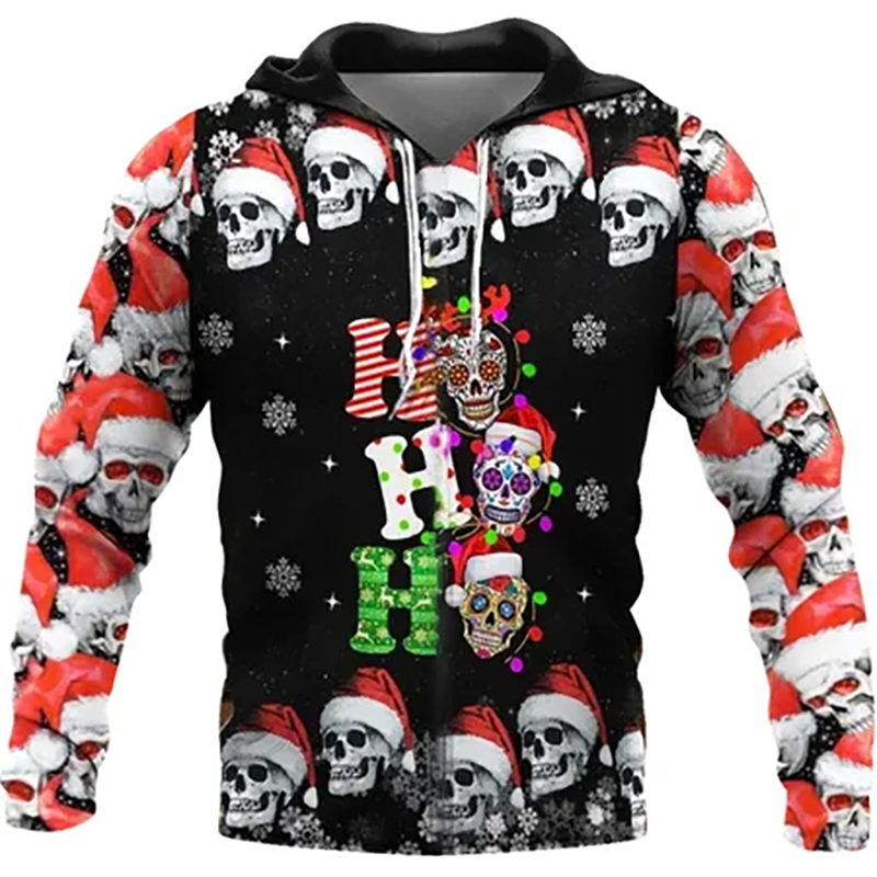 Christmas Skull Print Hooded Sweatshirts Fashion Jacket Pullover