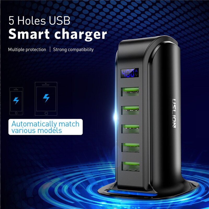 USLION 5 Port USB Charger HUB LED Display Multi USB Charging Station Dock Universal Mobile Phone Desktop Wall Home EU UK Plug - OZN Shopping